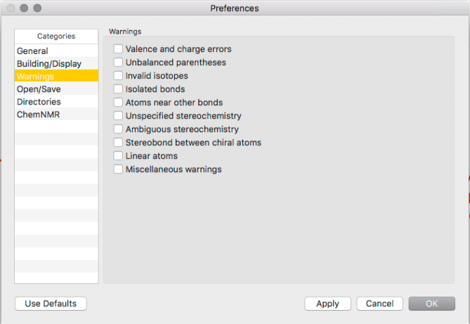 ChemDraw Preferences - Warnings